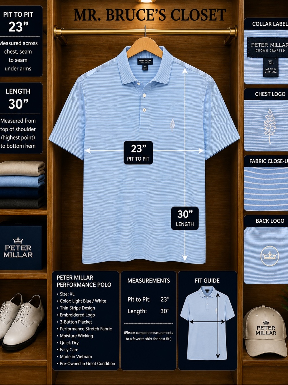 Peter Millar Light Blue & White Thin-Stripe Performance Polo